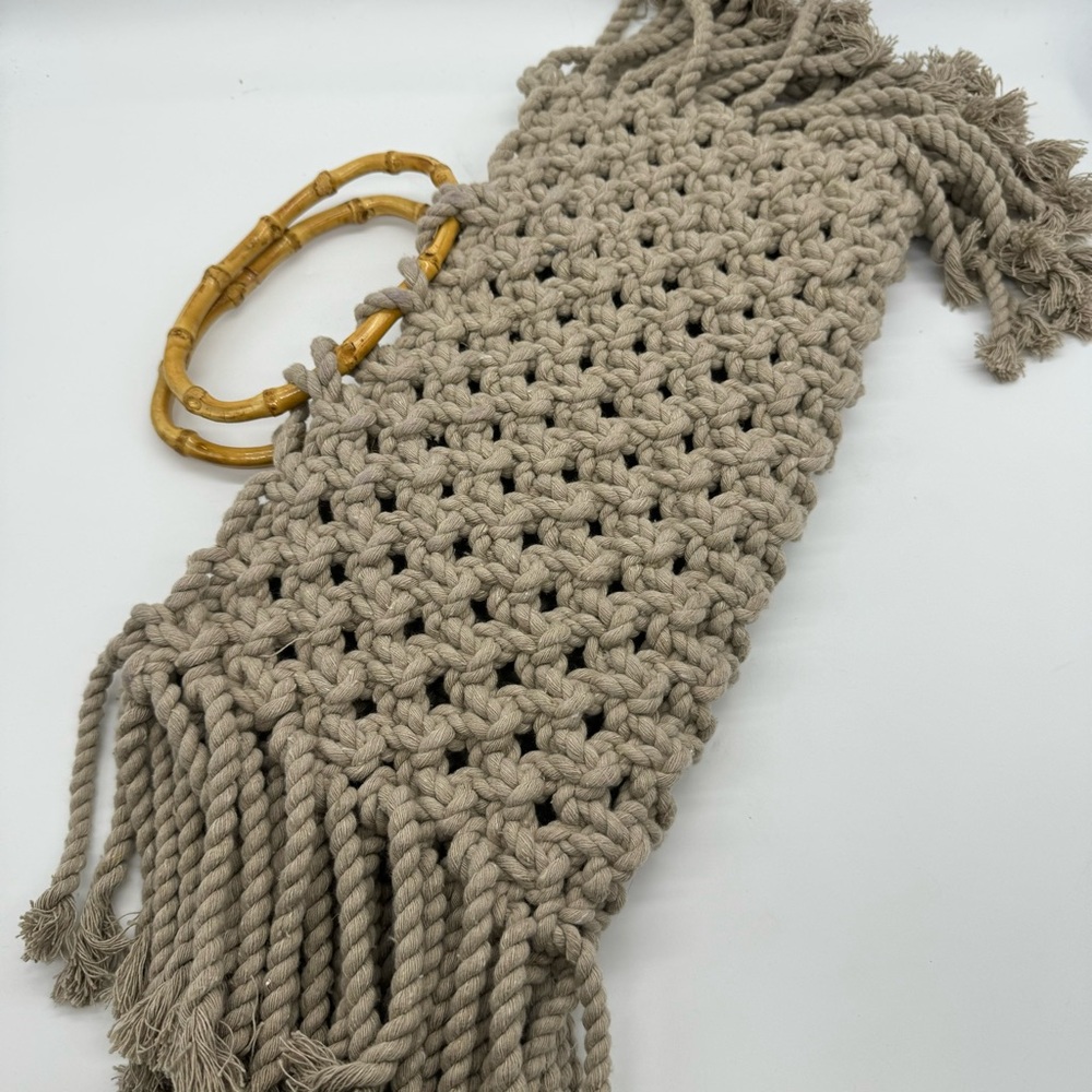 Crochet Fringe Top Handle Wooden Bag